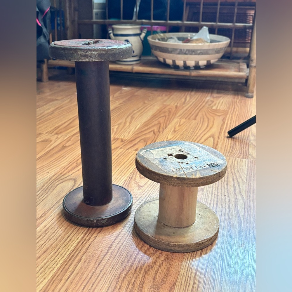 2 Antique Wood Industrial Spools, 1 Top is Trimmed in metal. Collectibles